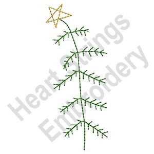 May include: A simple embroidery design of a green stylised tree with a gold star on top.