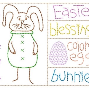 May include: A cartoon bunny with brown ears and a green shirt, with the word "SPRING" in purple letters to the left. To the right, the words "Easter blessings", "colored eggs", and "bunnies" are written in different colors.