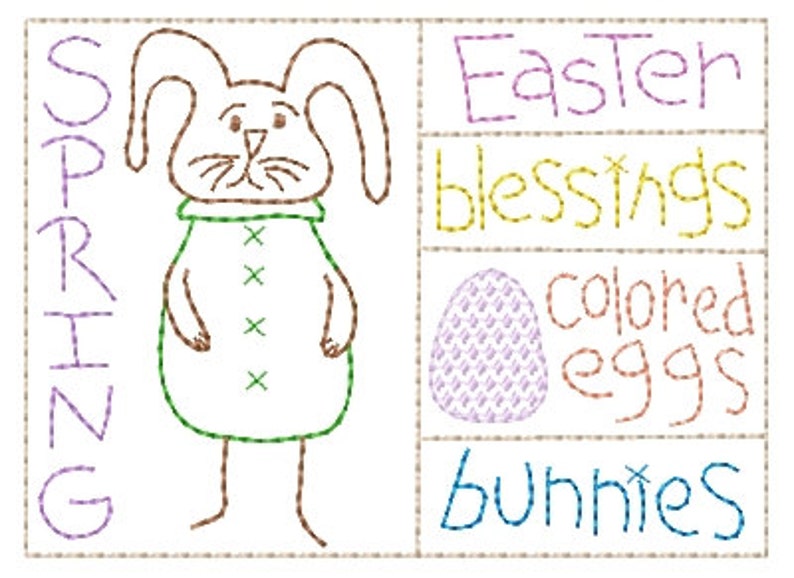 Peut inclure: Un lapin de dessin anim&eacute; avec des oreilles brunes et une chemise verte, avec le mot "SPRING" en lettres violettes &agrave; gauche. &Agrave; droite, les mots "Easter blessings", "colored eggs" et "bunnies" sont &eacute;crits en diff&eacute;rentes couleurs.
