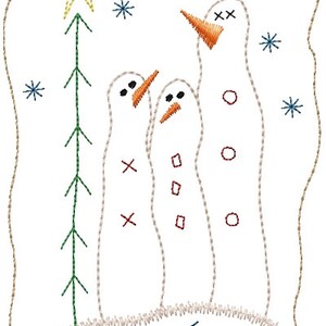 May include: Three embroidered snowmen stand in front of a green Christmas tree with a yellow star on top. The snowmen have orange noses, red buttons, and black eyes. The background is white with blue snowflakes. The text "Winter Thyme" is written in blue at the bottom of the image.