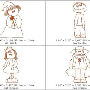 May include: Four embroidered designs of children dressed in Halloween costumes. The designs include a witch, a zombie, a princess, and a vampire. Each design is approximately 12.7 cm tall and is outlined in brown thread.