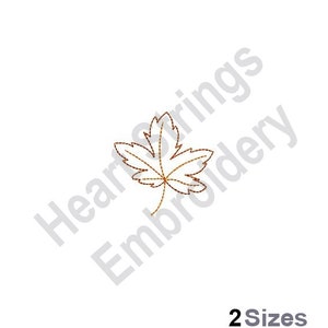 May include: A simple line drawing of a maple leaf in brown and orange.