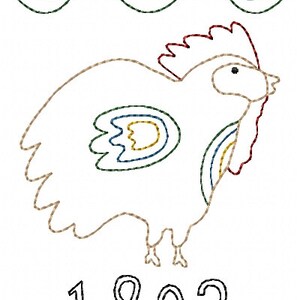 Peut inclure: Un poulet brun et blanc avec une crête rouge et un motif jaune, bleu et vert sur son aile. L'année 1802 est écrite sous le poulet.