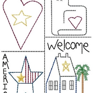 May include: A digital embroidery design set with four designs: a heart with a star, a cat with a heart, a house with a star and a palm tree, and a star with stripes. The designs include the words "LOVE", "Cat", "Welcome", and "America".