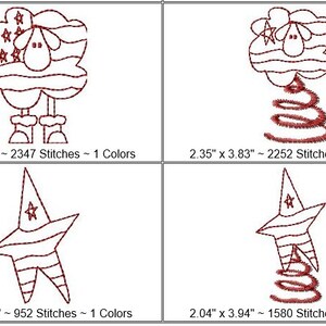 May include: Four embroidery designs featuring a sheep, a Christmas tree, and two stars. The designs are in red, white, and blue and are perfect for patriotic crafts.