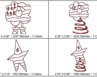 Puede incluir: Cuatro diseños de bordado que representan una oveja, un árbol de Navidad y dos estrellas. Los diseños son en rojo, blanco y azul y son perfectos para manualidades patrióticas.