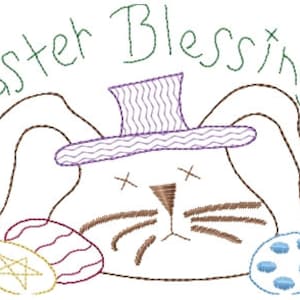 May include: Easter Blessings embroidery design featuring a brown bunny wearing a purple hat and holding two colorful eggs.