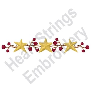 May include: A gold star garland with red berries. The garland is perfect for adding a festive touch to your home decor.