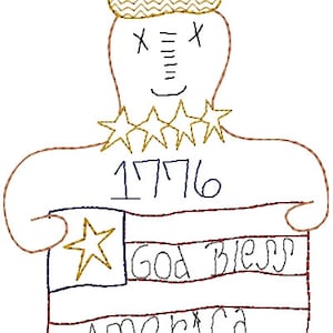 May include: A brown cartoon figure wearing a gold crown and holding a red, white, and blue American flag with the text "God Bless America" and "1776".