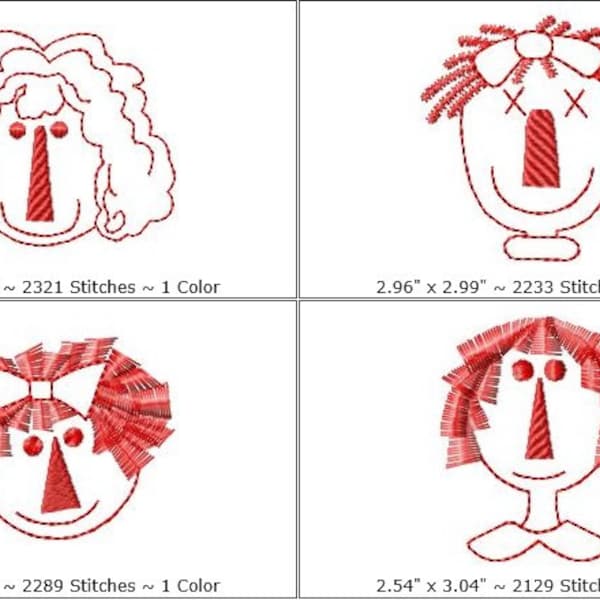 May include: Four different embroidery designs of a red and white rag doll face. Each design has a different hairstyle and facial expression. The designs are approximately 3 inches in size.