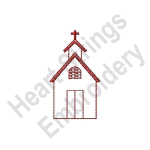 Puede incluir: Un edificio de iglesia rojo y blanco con una cruz en la parte superior. La iglesia tiene una sola ventana y una puerta doble.