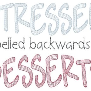 Puede incluir: Un diseño gráfico con la palabra "stressed" escrita en azul y la palabra "desserts" escrita en rojo. El texto "spelled backwards is" aparece en negro entre las dos palabras.