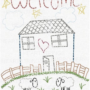 May include: Embroidered artwork with the words "Welcome to our home" above a house, sheep, and fence. The house has a heart and windows. Stars and clouds are also embroidered.