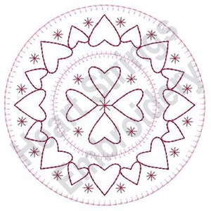 May include: A circular design with a repeating pattern of hearts and stars. The design is outlined in red thread.