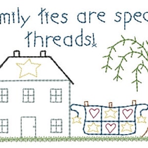 Könnte beinhalten: Gesticktes Bild mit dem Text „Familienbande sind besondere Fäden!“ zeigt ein Haus mit einem Stern auf dem Dach, einen Baum und eine Wäscheleine mit Herzen und Sternen. Das Bild ist in Blau, Grün, Braun und Gold gestickt.