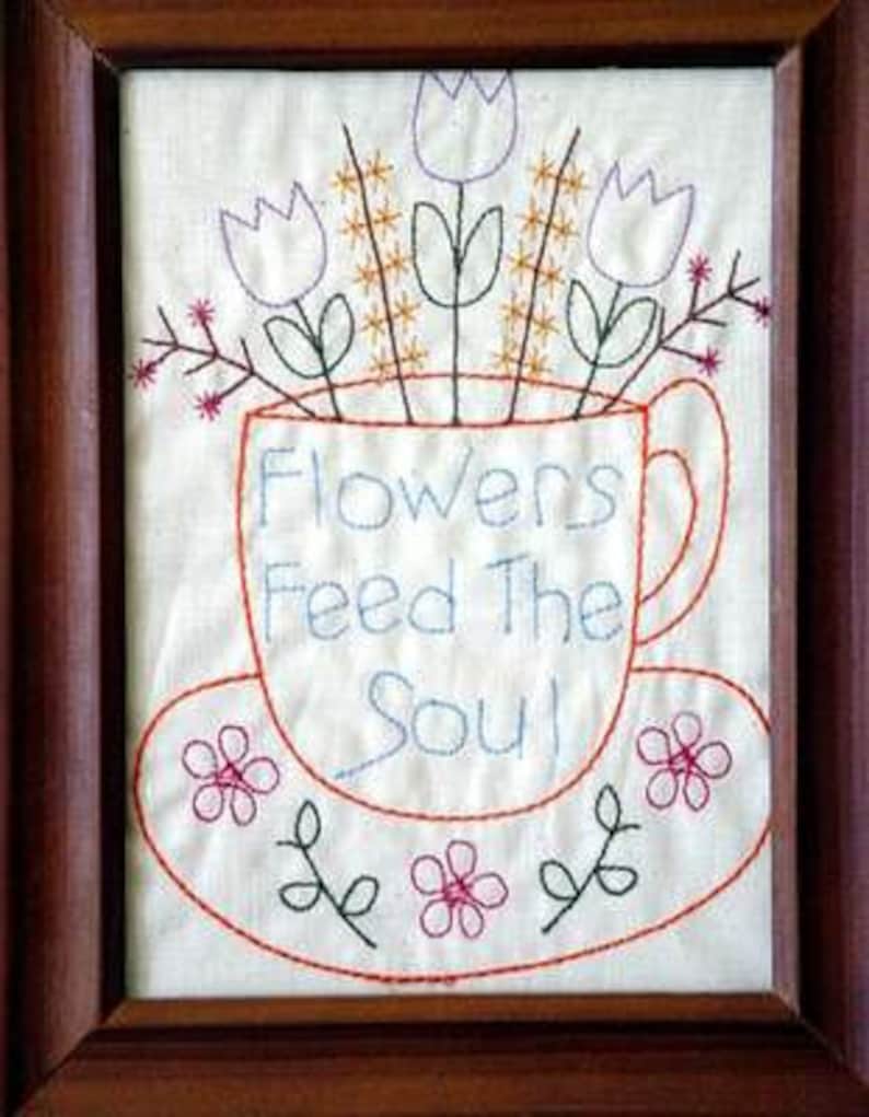Flowers Feed the Soul Tea Cup Primitive Redwork Sampler Etsy