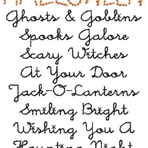 May include: An orange embroidered "HALLOWEEN" banner with black embroidered text below: "Ghosts & Goblins", "Spooks Galore", "Scary Witches", "At Your Door", "Jack-O-Lanterns", "Smiling Bright", "Wishing You A", "Haunting Night". Five gold stars are at the bottom of the image.