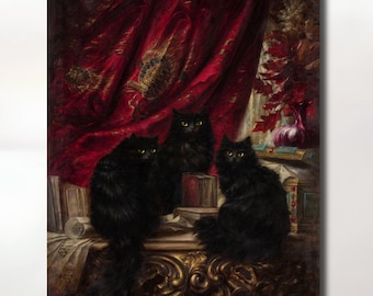 Carl Kahler (1856-1906)-Three Black Cats; Salonkatzen Cat painting, Cat portrait painting, Cats, Salonkatzen Print,Animals Poster,Home Decor