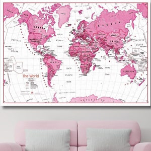 Weltkarte rosa und blau Canvas Wall Art Design | Poster Print Decor für Home & Office Dekoration I POSTER oder CANVAS BEREIT zum Aufhängen von Wandkunst