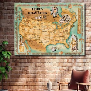 Pintura de mapa de tribus nativas americanas, póster impreso de mapa de tribus nativas americanas, póster de mapa antiguo, listo para colgar, impresión de mapa vintage