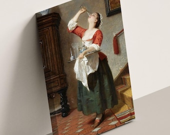 Lienzo de una mujer victoriana bebiendo vino: impresión retro divertida, decoración irónica para el hogar