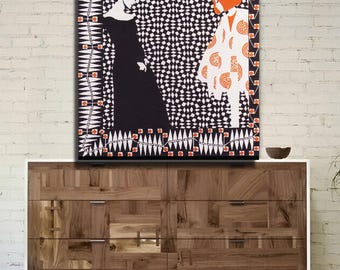 May include: A framed art print depicting two figures in a black and white abstract design. One figure is in a black dress, the other in a white dress with orange accents. The artwork hangs above a wooden chest of drawers with a white frame.