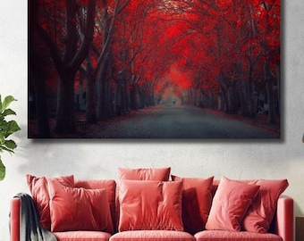 Red Tree Lined Park Canvas Print, Autumn Forest Landscape Wall Art
