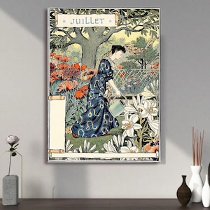 JULY Birthday gift Canvas, wall decor poster, Art Nouveau artwork Eugene Grasset anniversary idea, Christening and Wedding present Print