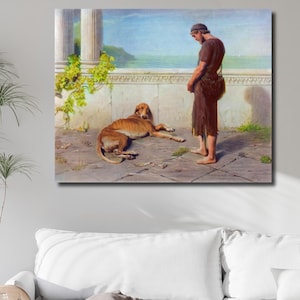 Puede incluir: Impresión enmarcada de una pintura clásica que representa a un hombre y un perro en un patio de piedra. El hombre, vestido de marrón, mira hacia abajo. Un perro marrón claro está tumbado. El fondo muestra una vista al mar.