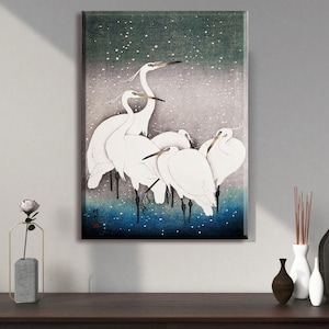Egrets Canvas Wall Art Print by Ohara Koson 1925-1936 – Wrapped Frame & Rolled Canvas Poster, Japanese Bird Decor Print