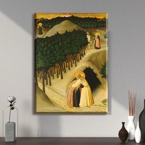 Sano di Pietro Painting : The Meeting of Saint Anthony and Saint Paul Canvas Wall Art. Fine Art Print/Poster, Home Decor Print, Housewarming