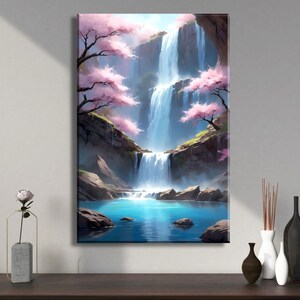 Fantasy Wasserfall Leinwand Wandbild, Kirschblüte Poster, ruhige Natur Druck, Zen Landschaft, ruhiges Wohnkultur Geschenk
