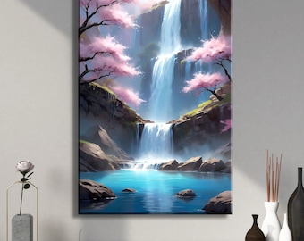 ファンタジー滝キャンバスアート：桜の禅風景プリント