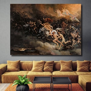 May include: A large framed canvas print depicting a classical battle scene, hung above a mustard-coloured sectional sofa. The artwork features a dark, dramatic colour palette with figures in shades of white, brown, and red.