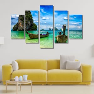 Thailand Beach Tropical Islands Boats 5 Piece Five Panel Wall Canvas Print Home Decor Gift For Him For Her Modern Art Poster Picture
