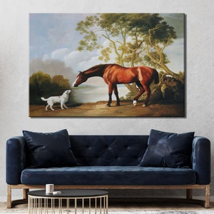 Bay Horse And White Dog Friends Animal Landscape Lake Painting by George Stubbs Repro on Matte Paper or Canvas Wall Art Print