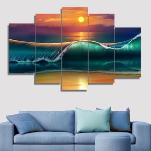 Sunset Beach Huge Waves Seascape Painting 5 Piece Five Panel Wall Canvas Print Home Decor Gift For Him For Her Modern Art Poster