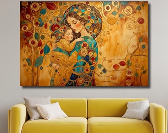 Gustav Klimt-kunstdruk moeder en kind: kleurrijk canvas muurdecoratie