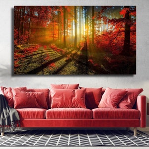 Roter Herbst Bäume auf einem Sonnenuntergang Leinwand Wand Kunst Design/POSTER oder CANVAS BEREIT zum Aufhängen / Poster Print Decor für Haus & Büro Dekoration