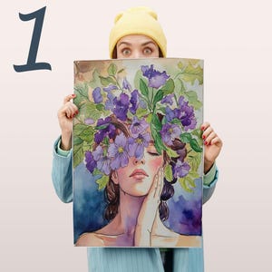 Flower head girl art Paint by number Kit Canvas Wall Art, Purple flowers, Home decor Print, Handmade gift Poster, Giclee Fine Art