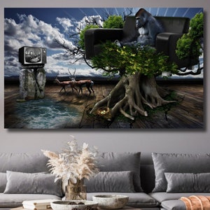 Gorilla Watching TV on Sofa in Tree Canvas,Abstract Gorilla Art,Gorilla Canvas Art,Gorilla Drawing Printed,Animal Artwork,Gorilla Canvas Art