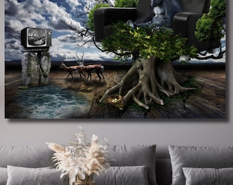 Abstract Gorilla Canvas Art: Watching TV on Tree Sofa