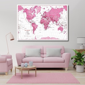 Weltkarte rosa und blau Canvas Wall Art Design | Poster Print Decor für Home & Office Dekoration I POSTER oder CANVAS BEREIT zum Aufhängen von Wandkunst
