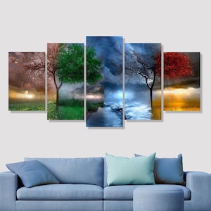 Tree Four Season Weather Colourful Nature 5 Piece Five Panel Canvas Print Home Decor Gift For Him For Her Modern Wall Art Poster