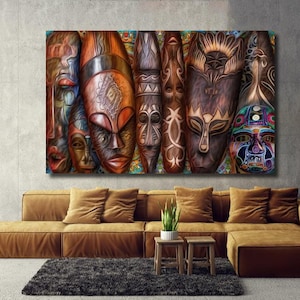 African Traditional Masks Canvas Wall Art | Poster Print Ready to Hang Decor for Home & Office | Unique Wall Decoration