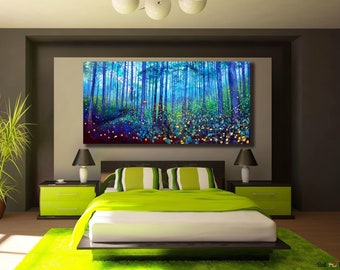 Impresión artística en lienzo de un bosque de luciérnagas: decoración de pared con paisaje