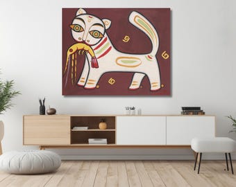 Jamini Roy Canvas Art, Cat with Shrimp Print, Ready To Hang