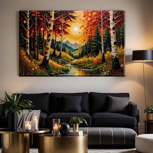 Quadro su tela "Foresta autunnale" in stile Gustav Klimt, decorazione da parete con paesaggio al tramonto dorato, stampa con alberi vivaci, poster autunnale