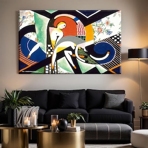 May include: Abstract art print featuring a stylized depiction of figures in a geometric composition. The artwork incorporates bold colors like red, blue, and yellow, with floral and geometric patterns. The text "THE THUNDERSHOWER" is visible in the lower left corner.