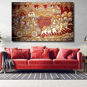 Krishna with Arjun Indian Art, Rolled Madhubani Canvas Painting, Religious Canvas Roll,Indian Home Decor,Indian Painting,Indian Canvas Art